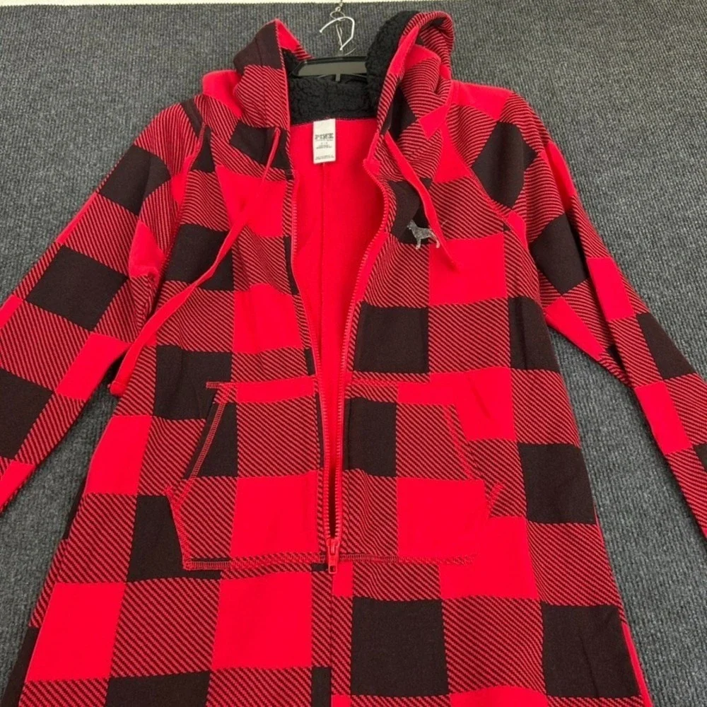 Victoria Secret PINK Red Buffalo Plaid Hooded Sherpa Long Jane One-Piece PJ - SM - Picture 4 of 15